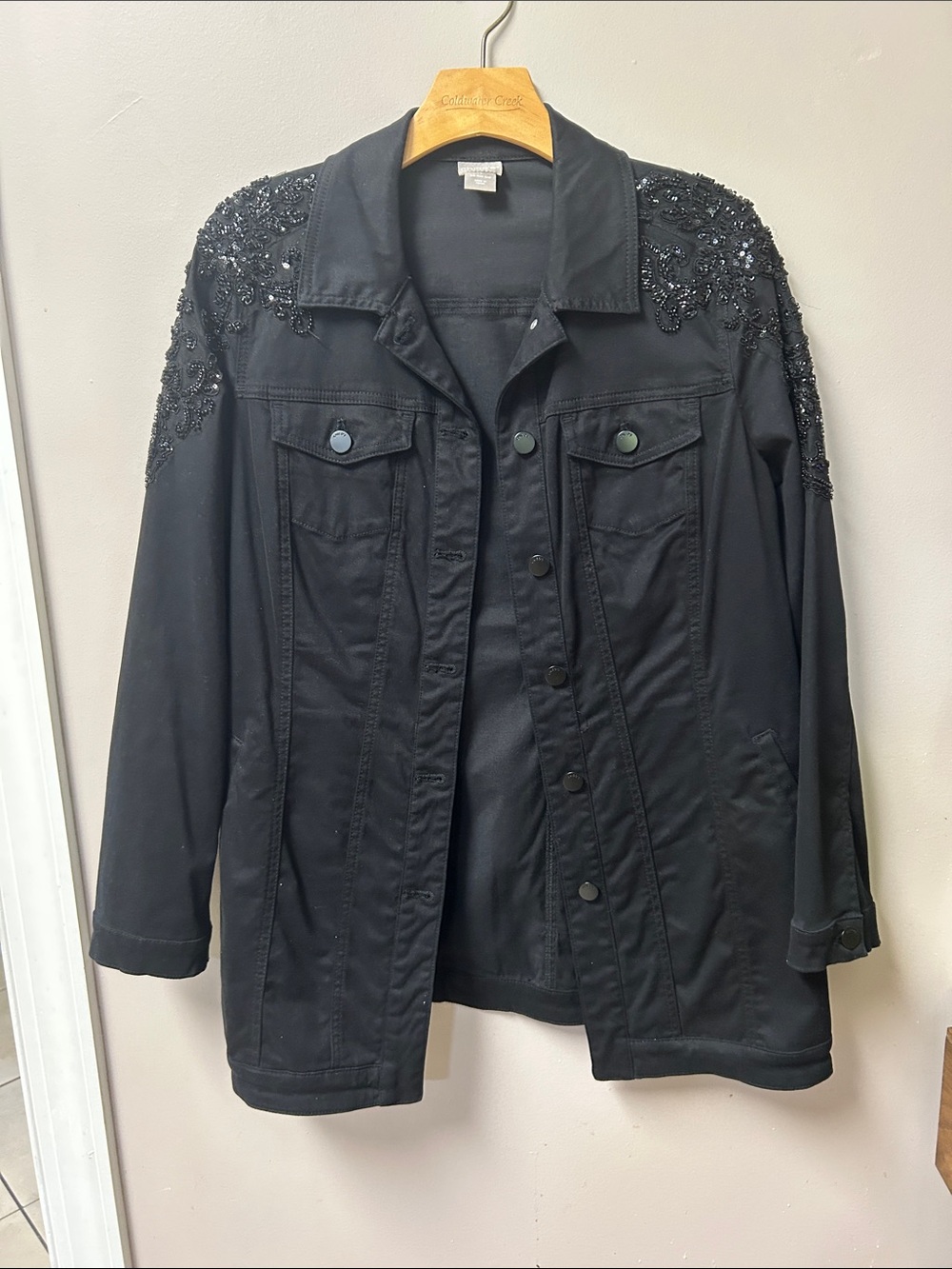 Chico's Black Beaded Shoulder Jean Jacket